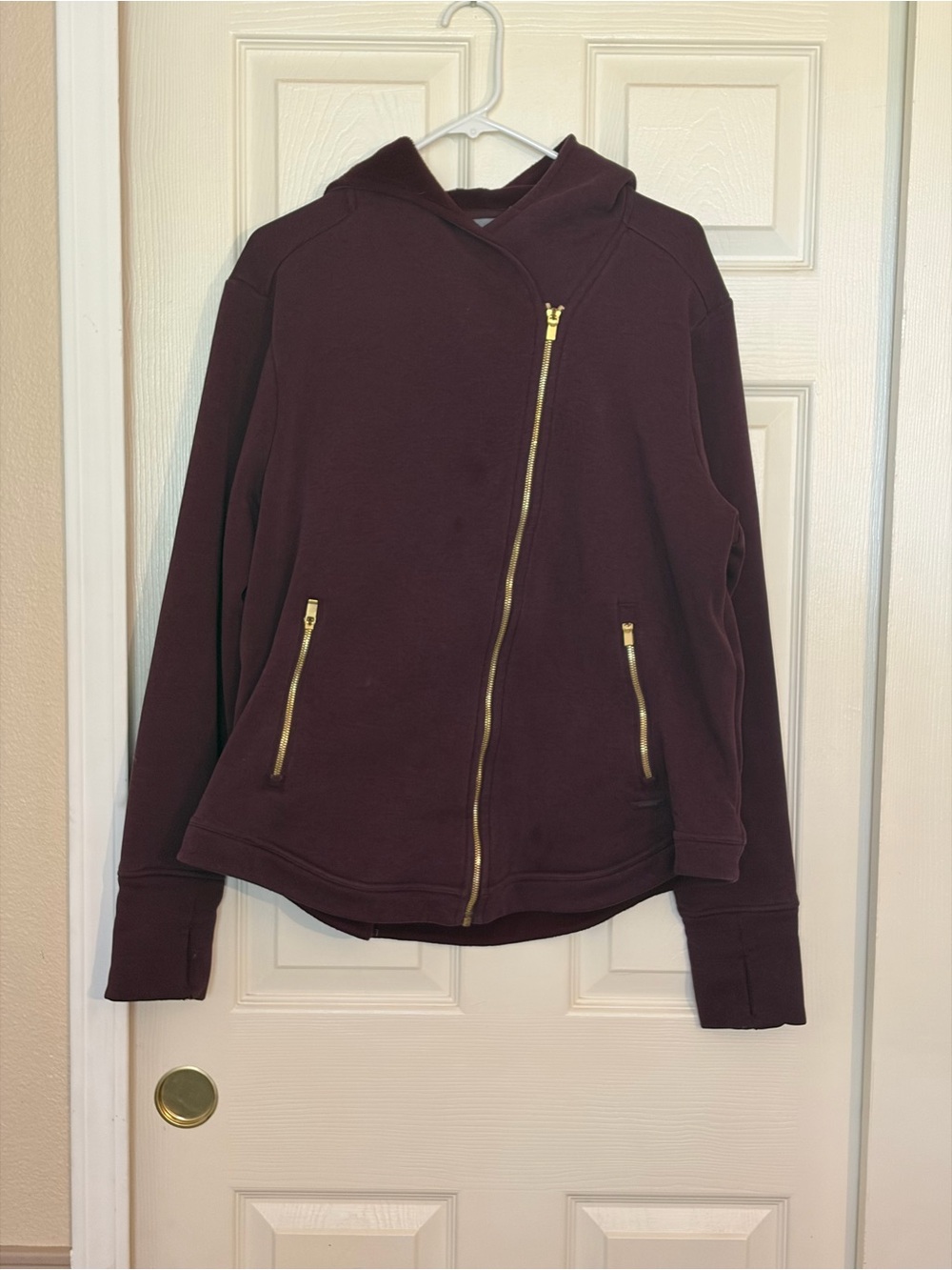 Athleta Hooded Zip Jacket in Deep Burgundy with Gold Zippers